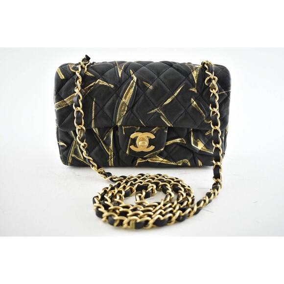 Chanel 21A Black Gold Painted Mini Flap Rectangle CC Quilted Chain Crossbody Bag - Picture 2 of 12